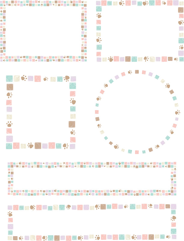 一套水彩方形图案和爪印框架马赛克瓷砖