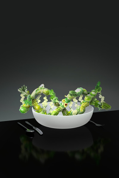 由新鲜水果和蔬菜制成的DNA链，为健康生活提供随时食用的营养基因学食品概念