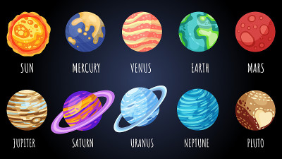 卡通行星，恒星和卫星。宇宙主题集合。太阳系外太空行星儿童图标。矢量图