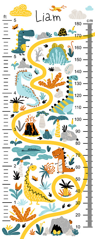 孩子们的恐龙身高表。可爱的矢量插图在简单的手绘卡通斯堪的纳维亚风格。有限的，多彩的调色板是理想的印刷