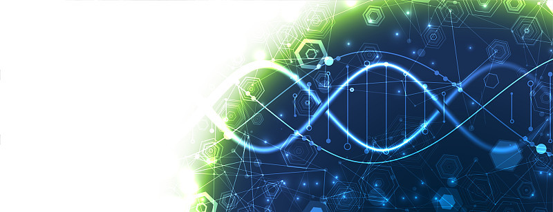 发光的氖DNA链。生物技术、生物化学、科学、医学概念。