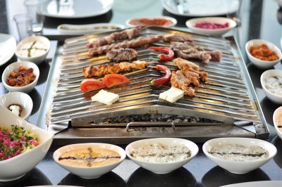 塞浦路斯meze和kebap烧烤派对在花园里美味的混合肉和鸡肉kebap