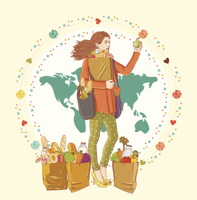 一个年轻的女人提着一个装满杂货的购物袋