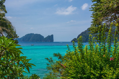 绿松石般的安达曼海和岛屿透过绿色的树叶