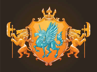 纹章盾牌上有独角兽和狮子，彩色图案
