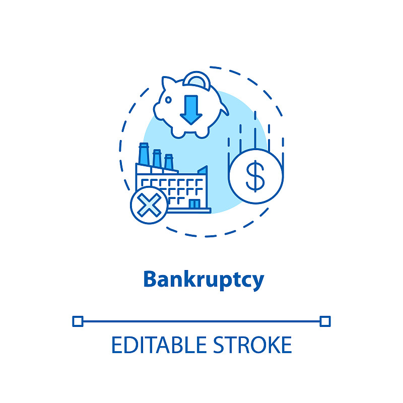 破产概念图标。商业崩溃，企业危机观念淡薄的例证。法人、公司债务无力偿还。矢量隔离轮廓RGB彩色绘图。