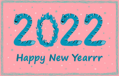 贺岁卡。2022年是蓝水虎年。风格化的人物与纹理。数字里有一只可爱的老虎。漂亮的明信片。现代手绘矢量
