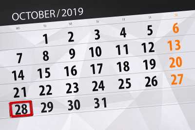日历计划2019年10月，截止日期，28日，周一