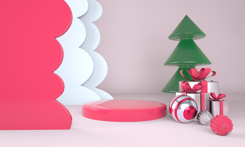 圣诞背景与圣诞树和舞台的产品展示。3 d渲染。