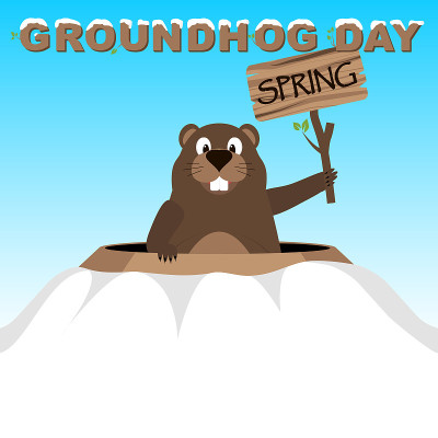Groundhog shows a tablet with an inscription sprin