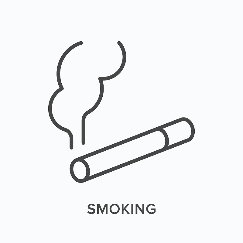 吸烟直线图标。带有烟雾的香烟矢量轮廓图。烟草店线形细象形