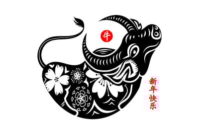 Chinese Zodiac Sign Year of Ox, Red paper cut ox. 
