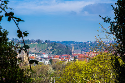 德国，美丽的教堂城市esslingen am neckar在多彩的春天气氛