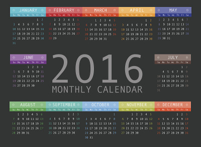 2016年矢量日历网格。严格的设计。