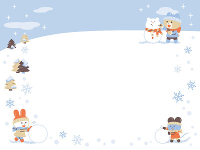 熊，兔子和老鼠在雪中玩耍/帧/ 4种颜色
