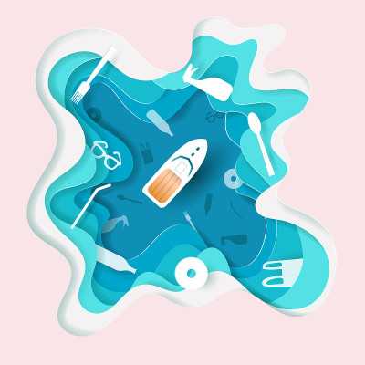纸艺术的生态观念。用快艇和塑料图标阻止海洋塑料污染。