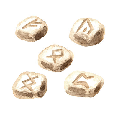 斯堪的那维亚石制手工符文，用于算命。巫术，魔法，神秘和深奥的概念。手绘水彩插图孤立的白色背景