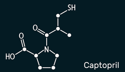 卡托普利分子。它是血管紧张素转换酶抑制剂，ACE抑制剂，用于治疗高血压，高血压。骨架化学式，深蓝色底
