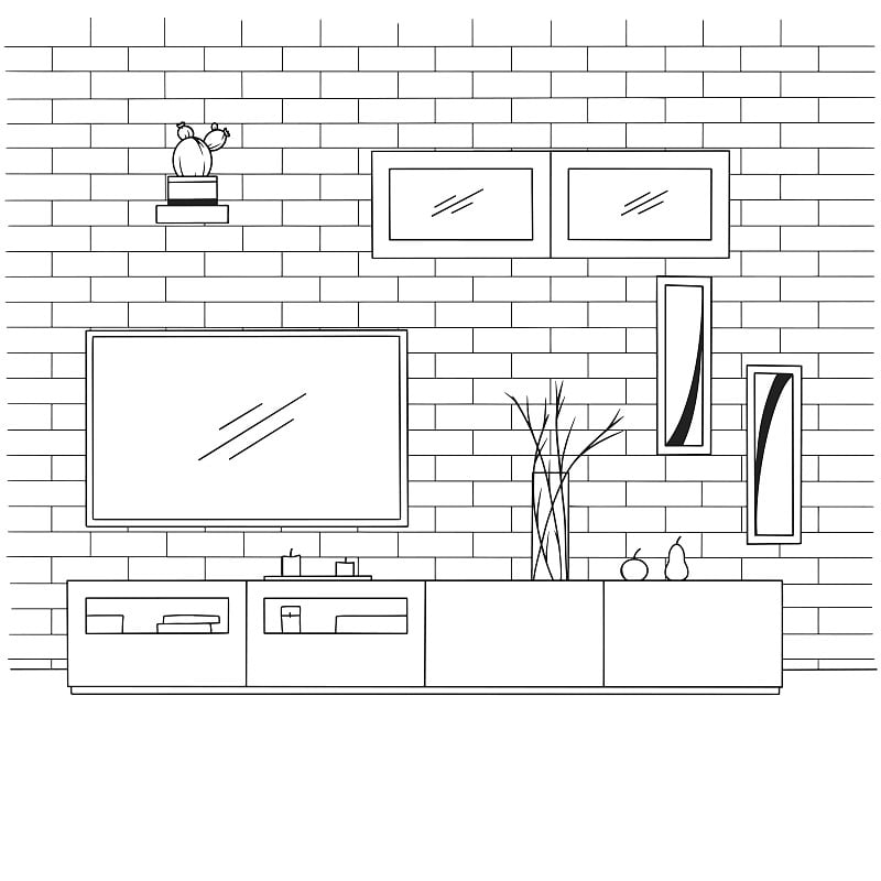 Linear sketch of the interior. Bookcase, dresser w