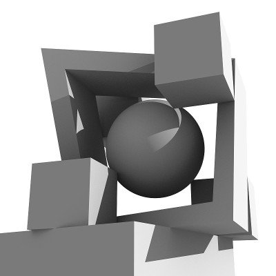 3 d几何组成。抽象的建筑设计。黑白3D渲染的现代雕塑在白色的背景。