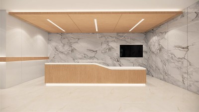 3 d渲染。医院室内现代设计。柜台和等候区空接待医疗实践概念
