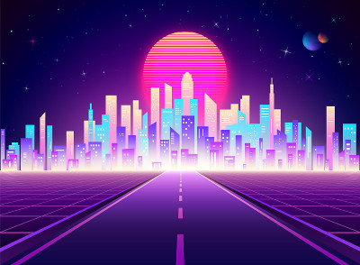 霓虹复古城市景观。通往赛博朋克未来小镇的高速公路。科幻背景的抽象数字建筑。矢量图