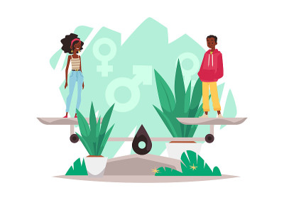 年轻的非裔美国黑人卡通人物在天平上保持平衡。留着爆炸头的女人和穿着休闲服的黑人男人。