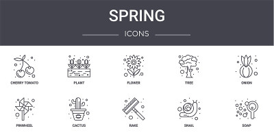 Spring概念行图标集。包含可用于web, logo, ui/ux的图标，如植物，树，风车，耙子，