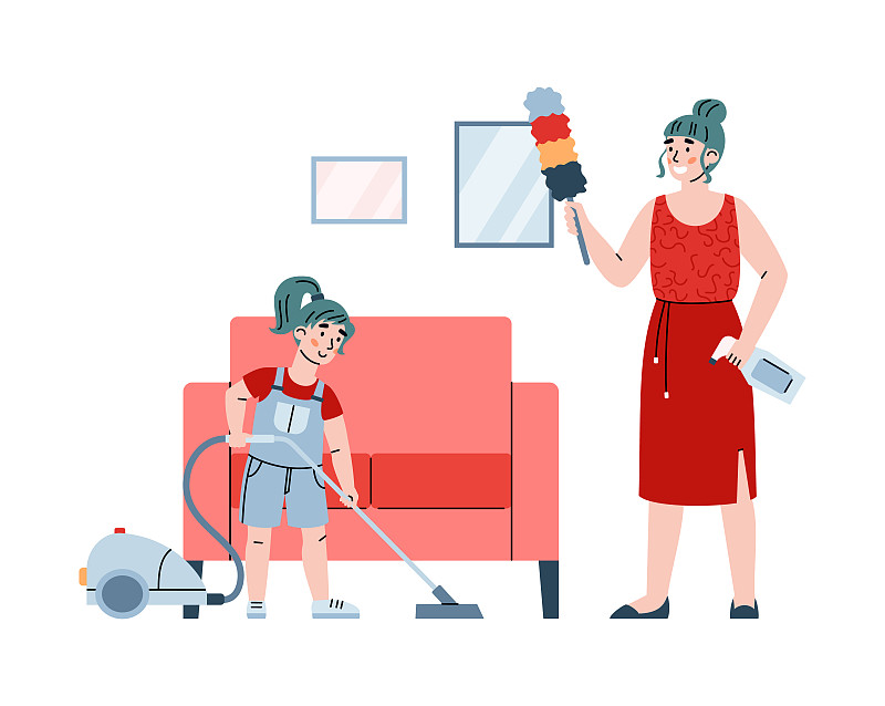 母女一起打扫房间，卡通矢量插图。
