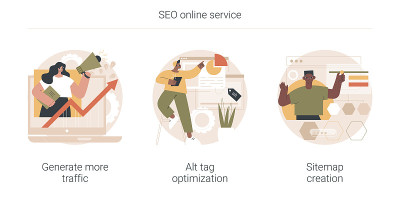 SEO在线服务抽象概念矢量插图。
