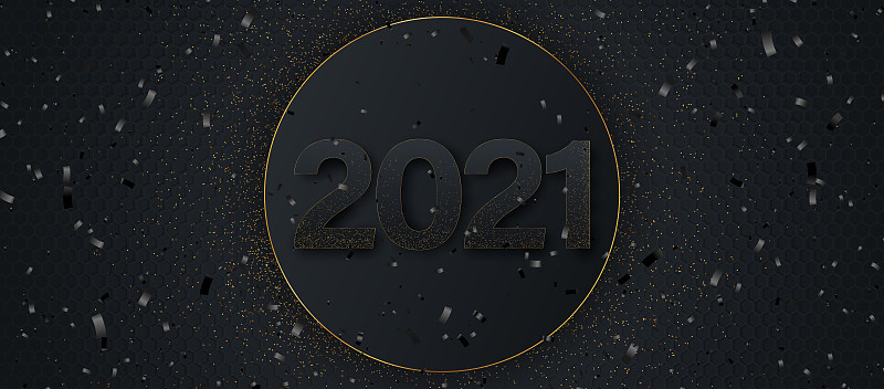 新年快乐，2021年优雅的金色文字与光。简约的文字