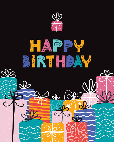 Bday礼物堆。贺卡与快乐的生日排版。一堆礼物和不同的图形元素。矢量插图在斯堪的纳维亚风格。假日横幅