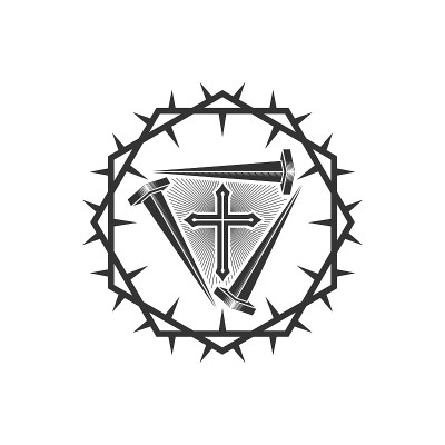 基督教的插图。教堂的图标。耶稣的十字架和十字架上的钉子都是用荆棘做成的。