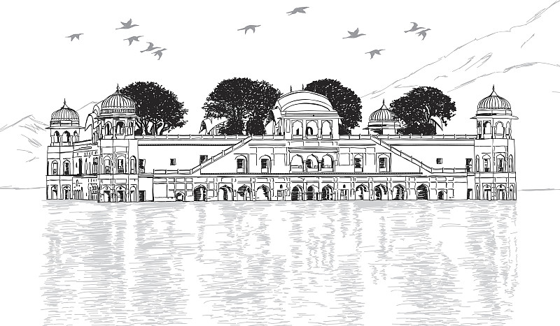 水中的宫殿- Jal Mahal，拉贾斯坦邦，印度矢量插图