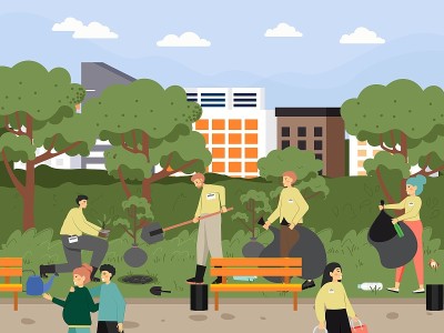 志愿者收集垃圾，在城市公园植树，矢量插画。志愿，生态，拯救自然。