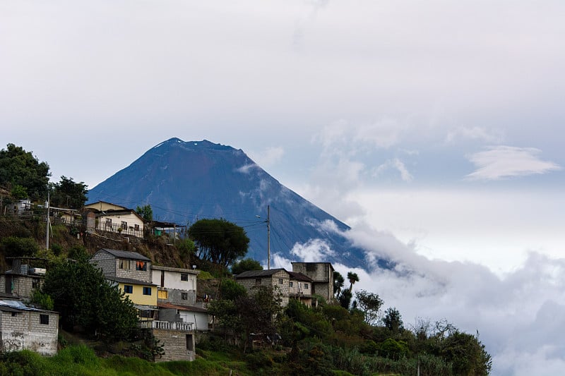 火山景观有山丘和蓝天，通古拉瓦火山