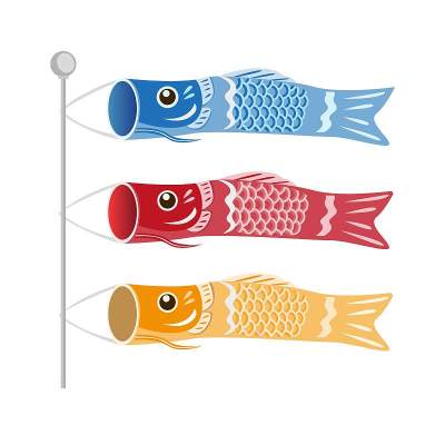 日本儿童节的Koinobori，鱼鲤鱼旗在三种颜色的图标设置在平面插图矢量孤立在白色背景