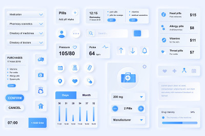 医疗移动应用的用户界面元素。独特的neumorphic设计UI, UX, GUI, KIT元素模板。
