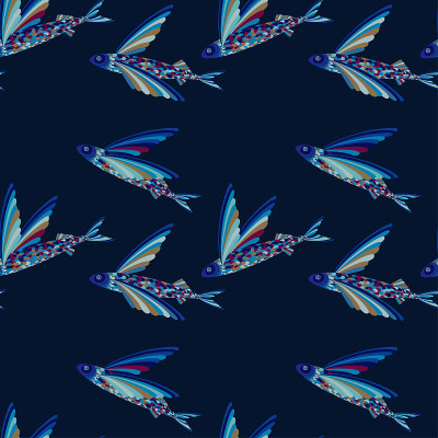pattern with flying fish. Flying fish with colorfu