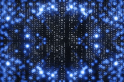 矩阵在蓝色数字背景。人物倒了。流的符号。闪亮的虚拟现实与复制空间。闪闪发光的背景。复杂的算法。下降的