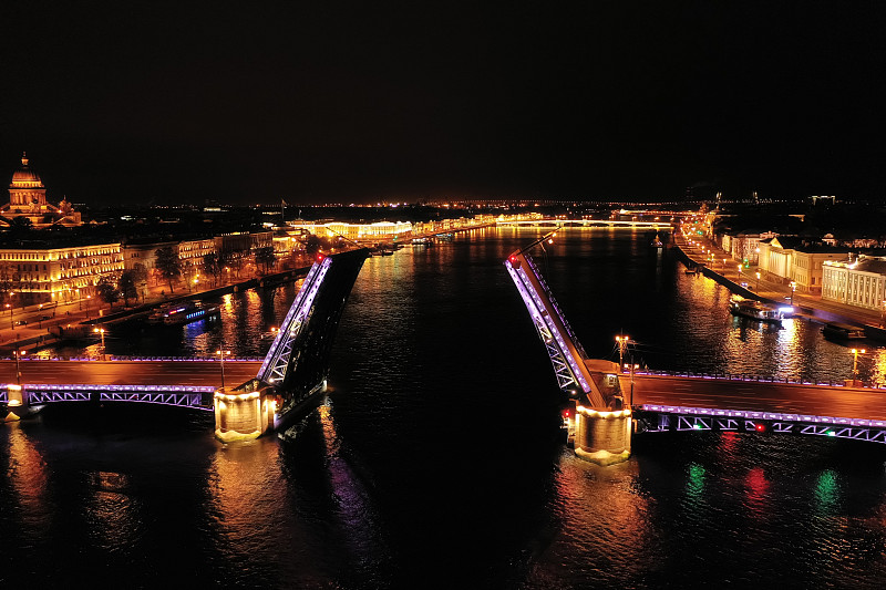 涅瓦河。宫桥夜景。圣彼得堡,俄罗斯