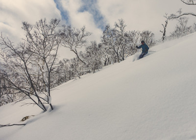 滑雪者在白雪皑皑的森林里滑雪