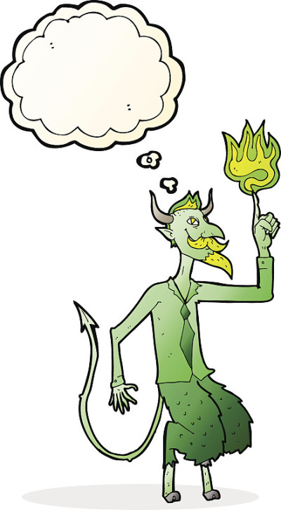 卡通恶魔在衬衫和领带与思想泡泡