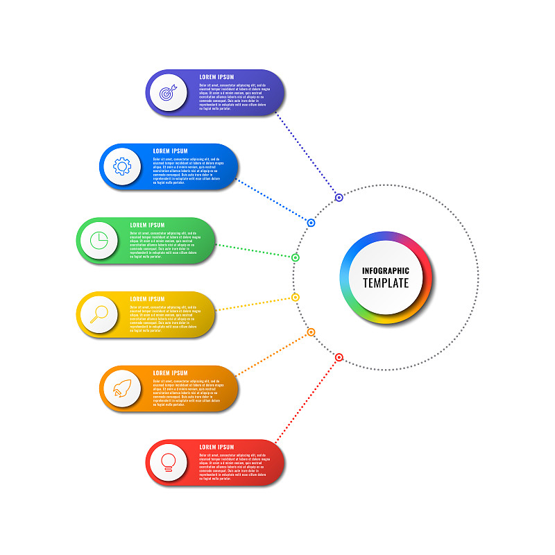 六步多色信息图模板与圆形元素，细线图标和文本框上的白色背景。矢量业务流程可视化插图易于编辑和自定义。