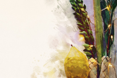 犹太住棚节的水彩画风格和抽象形象。传统符号(四种):Etrog, lulav, hadas, ara