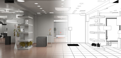 室内，展厅，3D插图