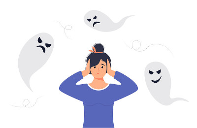 焦虑或恐惧的概念。女人周围的消极思想。焦虑和恐慌。那个女人用手捂住耳朵。女性角色饱受消极思想或情绪的