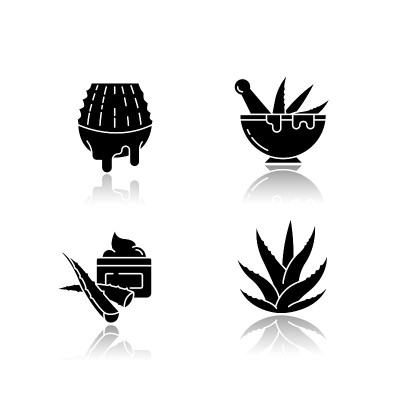 芦荟降影黑色字形图标集。切好的肉汁。仙人掌叶切片的液体。有杵的植物原料臼。孤立的矢量插图上的空白