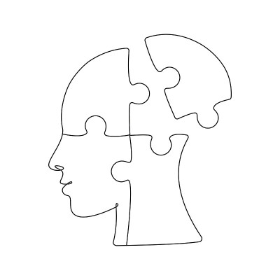 在一幅画中缺少一块的拼图形状的头。心理健康的概念。心理学中的思想管理。矢量图