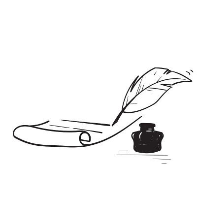 手绘涂鸦羽毛笔和墨水瓶插图图标孤立